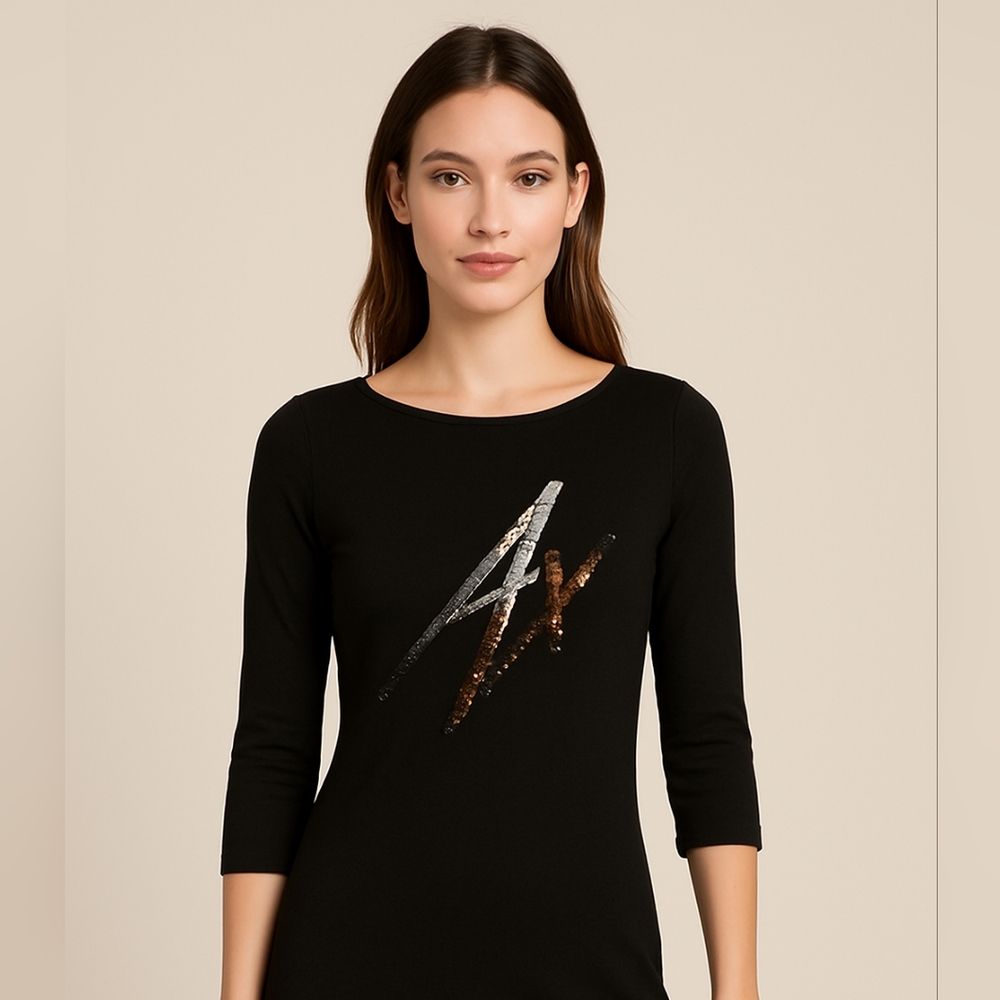 Armani Exchange Sparkle Logo 3/4 Sleeve Tee And Keyhole Back Size Small